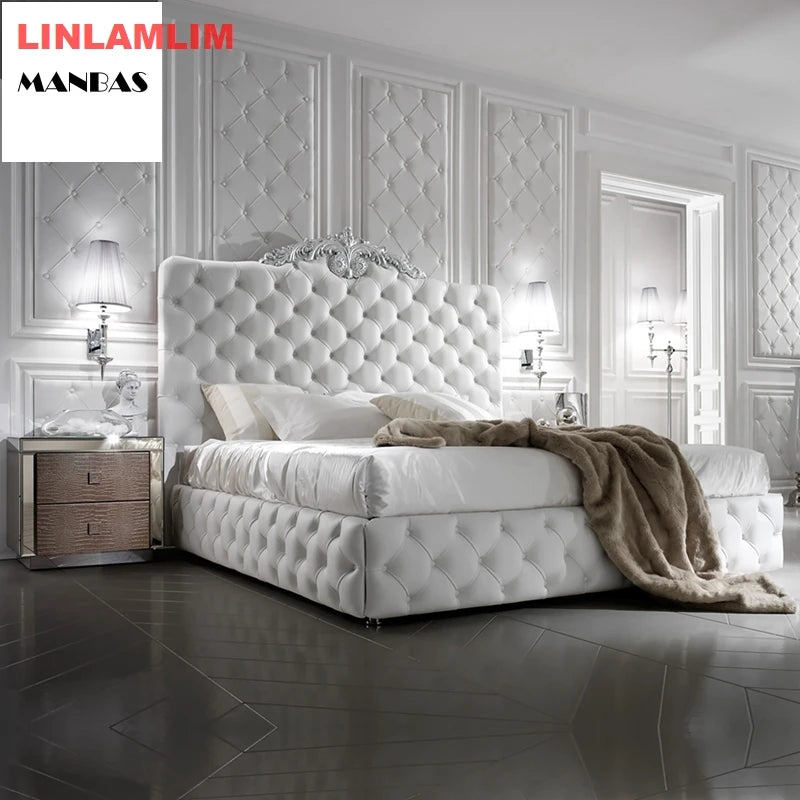 Genuine Leather & Solid Wood Carved Bed Frame – Luxury Design