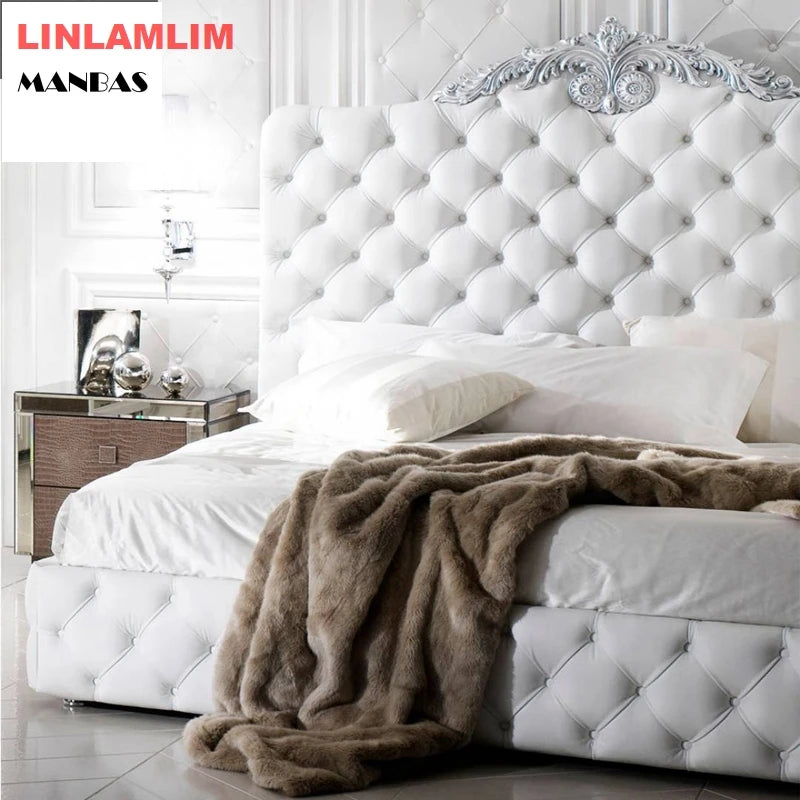 Genuine Leather & Solid Wood Carved Bed Frame – Luxury Design