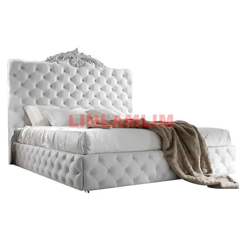 Genuine Leather & Solid Wood Carved Bed Frame – Luxury Design