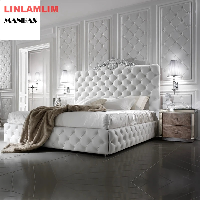 Genuine Leather & Solid Wood Carved Bed Frame – Luxury Design