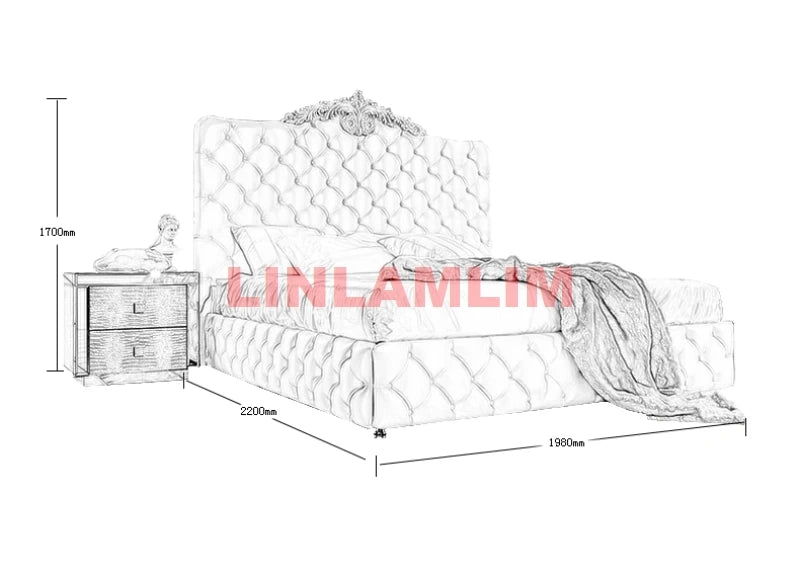 Genuine Leather & Solid Wood Carved Bed Frame – Luxury Design