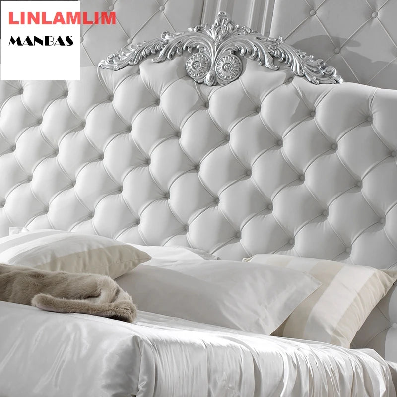 Genuine Leather & Solid Wood Carved Bed Frame – Luxury Design