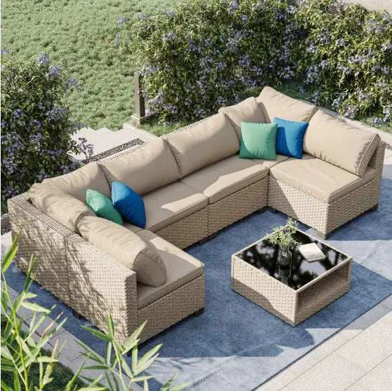 7-Piece Outdoor Patio Sofa Furniture Set – All-Weather Rattan Sectional with Cushions & Table