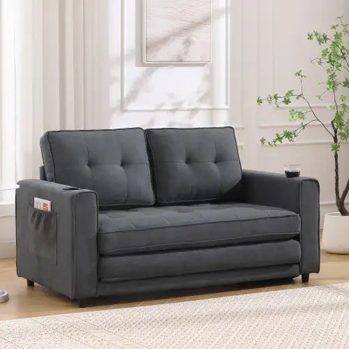 VIDEO Provided 3-in-1 Upholstered Futon Sofa Convertible Sofa Bed,Foldable Tufted Loveseat With Pull Out Sleeper Couch Bed