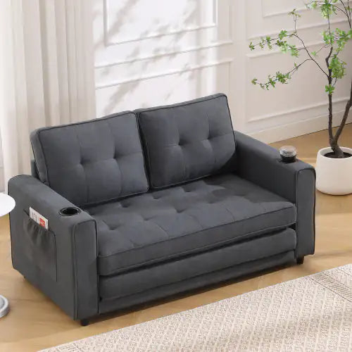 VIDEO Provided 3-in-1 Upholstered Futon Sofa Convertible Sofa Bed,Foldable Tufted Loveseat With Pull Out Sleeper Couch Bed