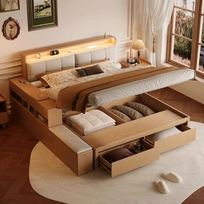 European Minimalist Wooden Bed – Modern Storage Hotel-Style Home Furniture