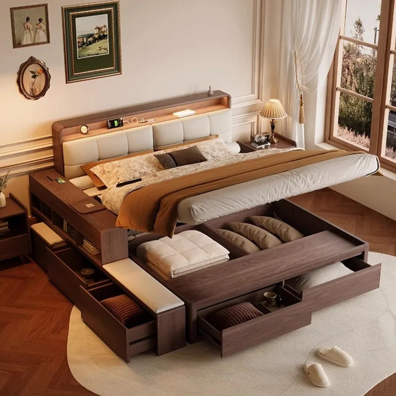 European Minimalist Wooden Bed – Modern Storage Hotel-Style Home Furniture