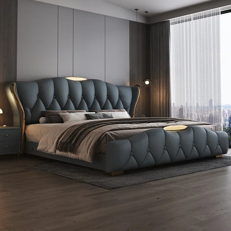 Luxury Modern Leather Double Bed with Wooden Shelf Headboard
