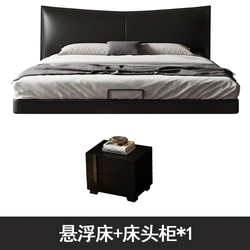 Modern Luxury Italian Black Leather Double Bed – King & Queen Size Bedroom Set