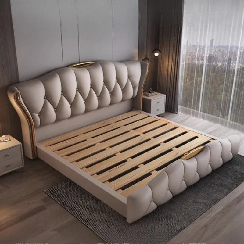 Luxury Modern Leather Double Bed with Wooden Shelf Headboard