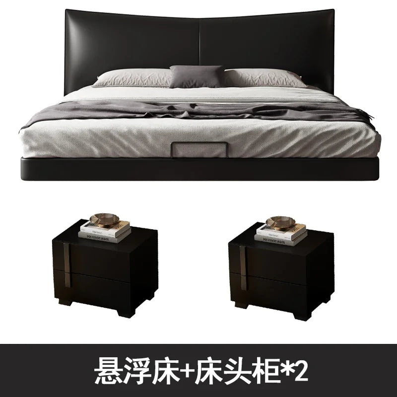 Modern Luxury Italian Black Leather Double Bed – King & Queen Size Bedroom Set