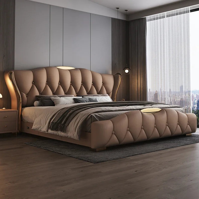 Luxury Modern Leather Double Bed with Wooden Shelf Headboard