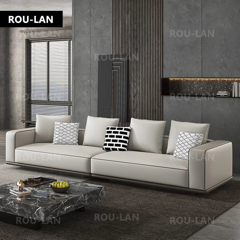 Modern Large Leather Sofa – First-Layer Cowhide Flat Floor Tofu Block Design