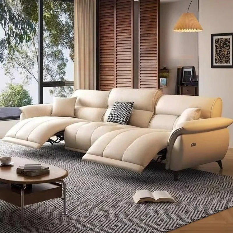 Electric Cream Cowhide Sofa – Luxury Living Room Space Capsule Design
