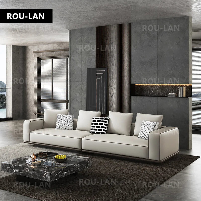Modern Large Leather Sofa – First-Layer Cowhide Flat Floor Tofu Block Design