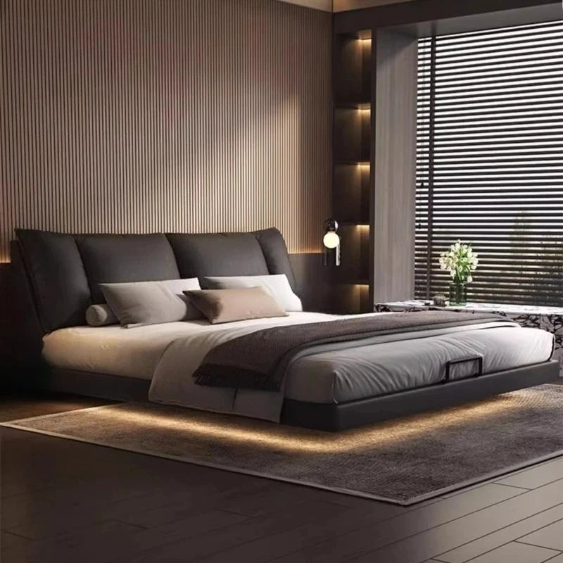 Modern Suspended Leather Platform Bed – King Size