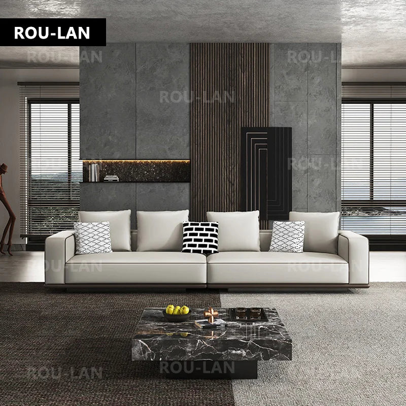 Modern Large Leather Sofa – First-Layer Cowhide Flat Floor Tofu Block Design