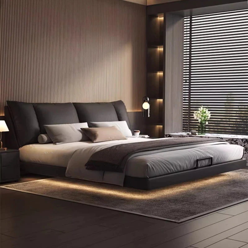 Modern Suspended Leather Platform Bed – King Size