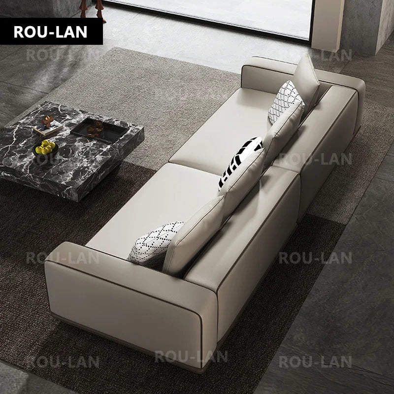 Modern Large Leather Sofa – First-Layer Cowhide Flat Floor Tofu Block Design