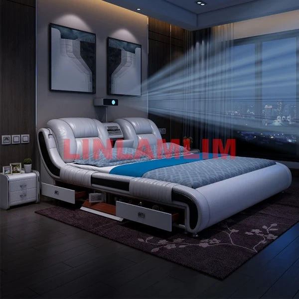 Genuine Leather Multifunctional Luxury Bed – Ultimate Massage Bed with Bluetooth, Speaker, Safe & Air Cleaner