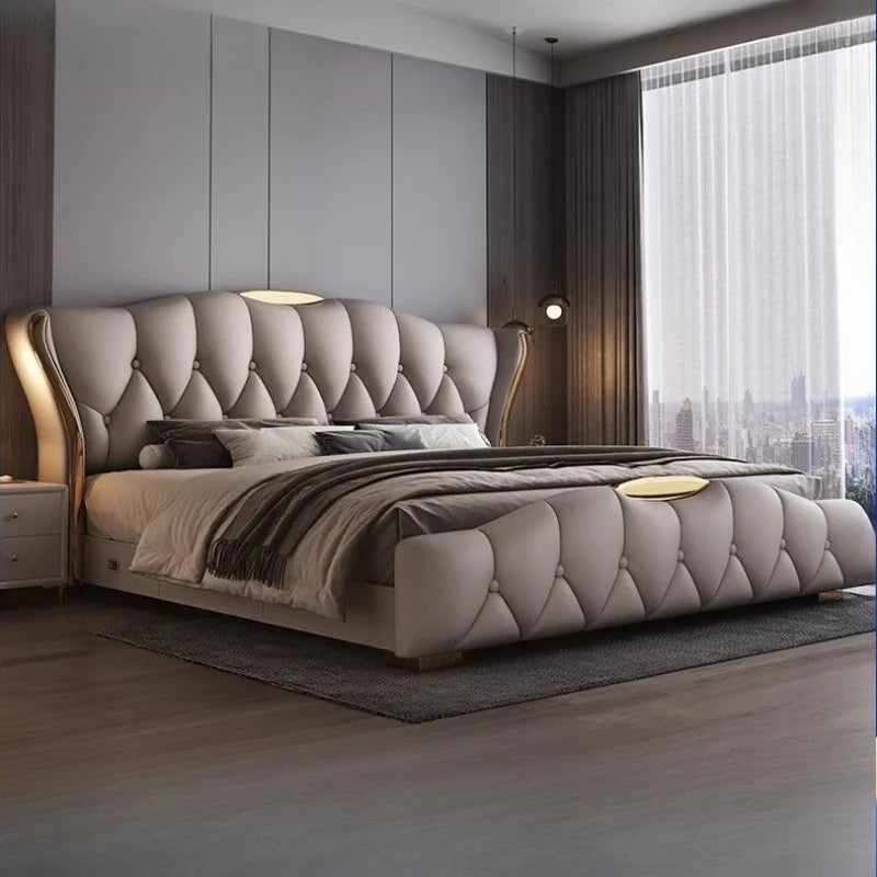 Luxury Modern Leather Double Bed with Wooden Shelf Headboard