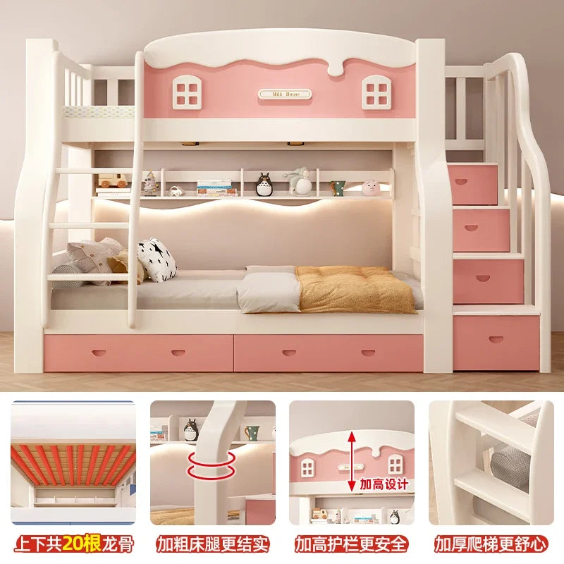 Modern Loft Bunk Bed with Slide – 150x200cm Full/Double Bed Frame for Kids & Adults