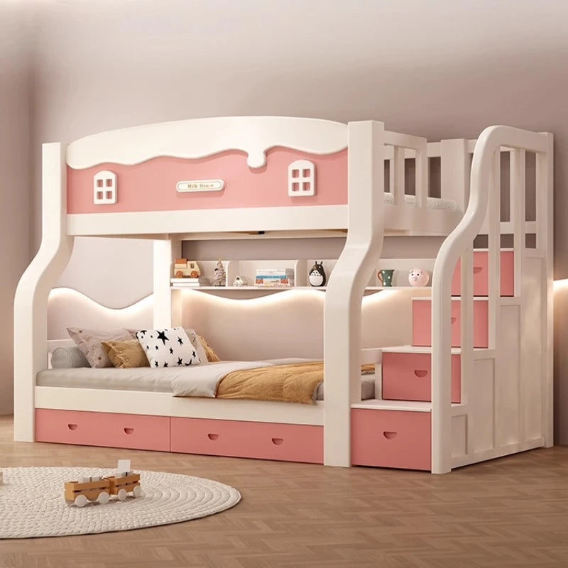 Modern Loft Bunk Bed with Slide – 150x200cm Full/Double Bed Frame for Kids & Adults