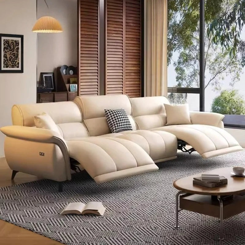 Electric Cream Cowhide Sofa – Luxury Living Room Space Capsule Design