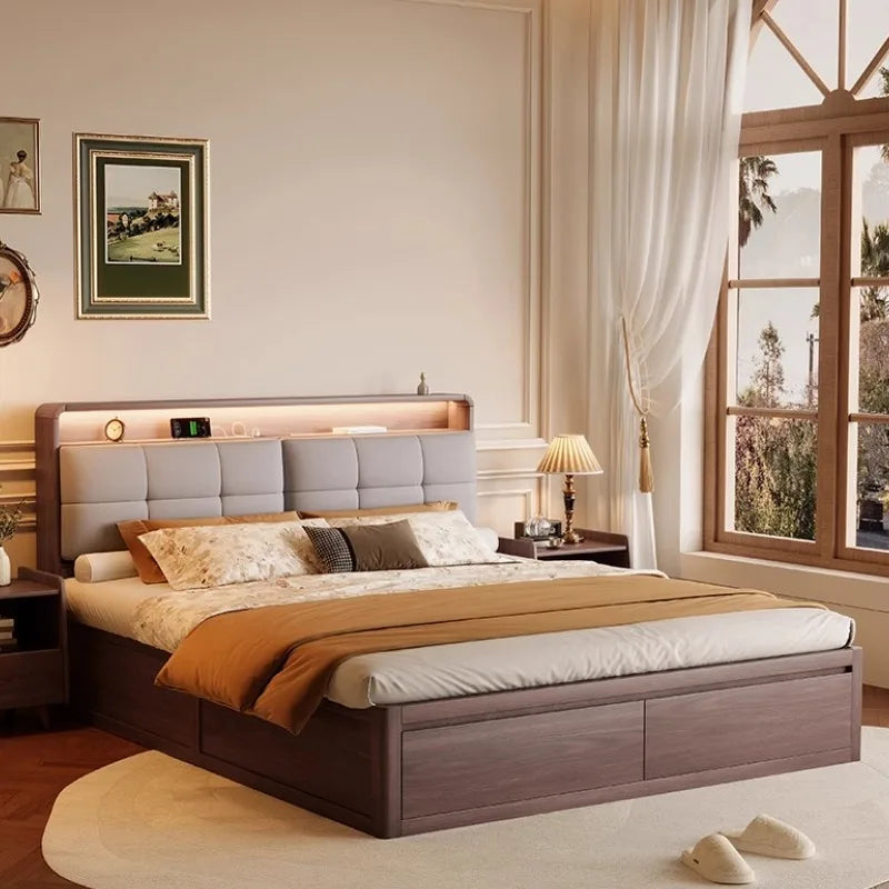 European Minimalist Wooden Bed – Modern Storage Hotel-Style Home Furniture