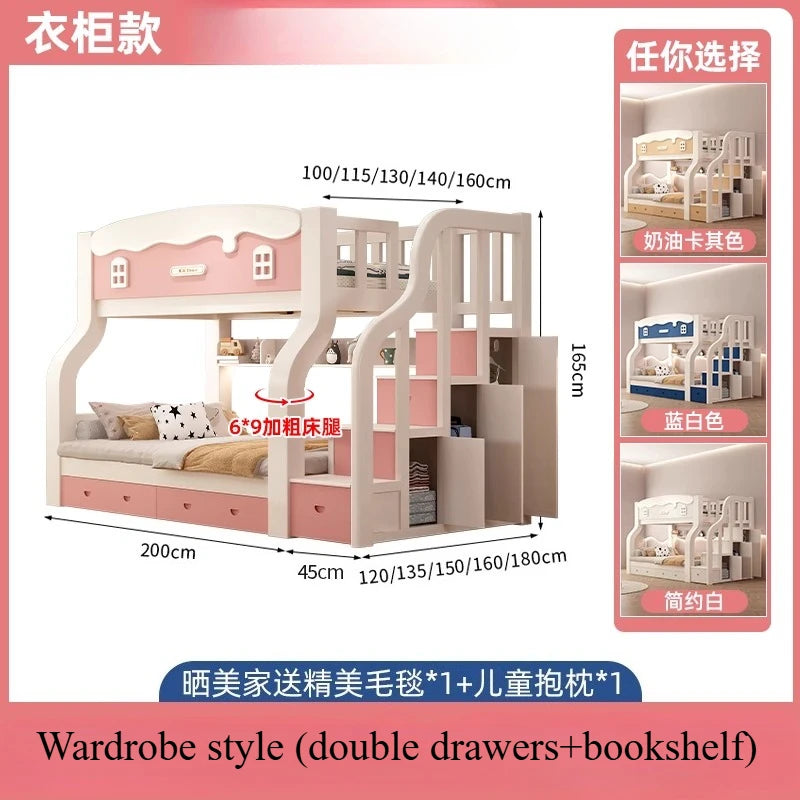 Modern Loft Bunk Bed with Slide – 150x200cm Full/Double Bed Frame for Kids & Adults