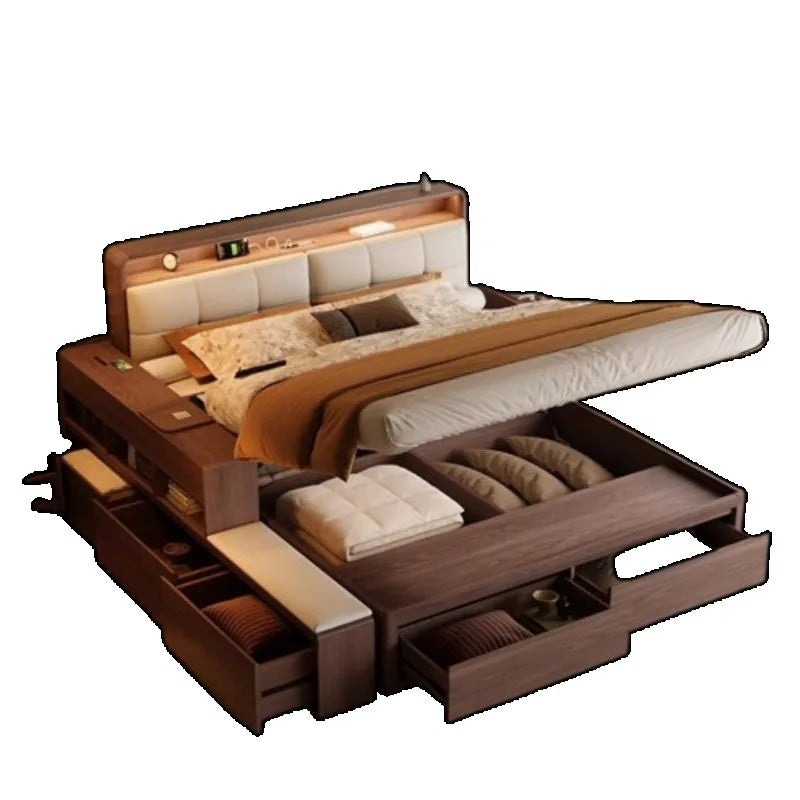 European Minimalist Wooden Bed – Modern Storage Hotel-Style Home Furniture