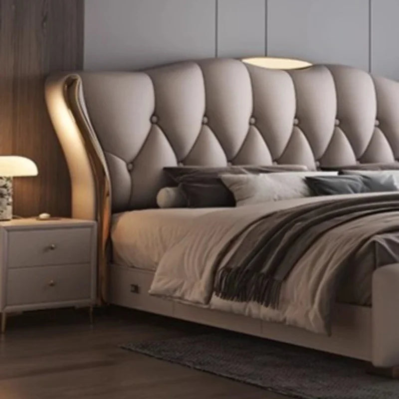 Luxury Modern Leather Double Bed with Wooden Shelf Headboard