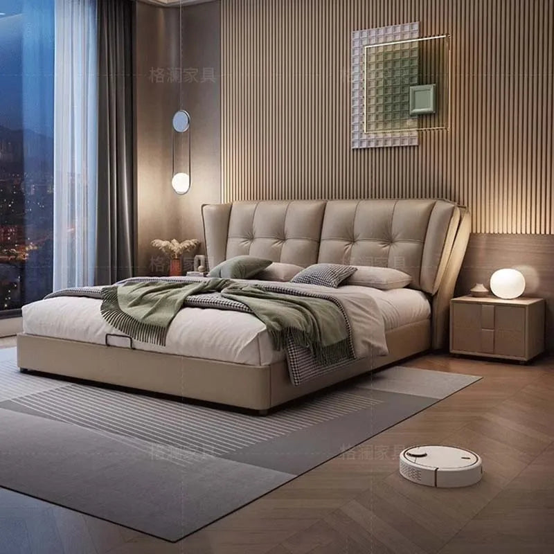 European Minimalist King Bed with Storage – Modern Wooden Luxury Bedroom Furniture