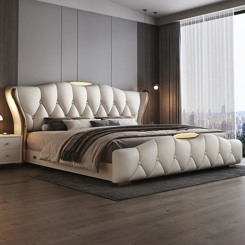Luxury Modern Leather Double Bed with Wooden Shelf Headboard