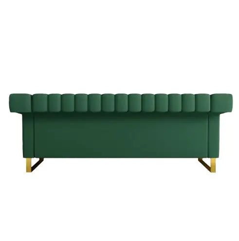 FX-P81PU-GR SOFA Modern Green PU Sofa With Gold Accents - Sleek Channel-Tufted Upholstery, 3-Seat Couch For Living Room And Office DecorTEMU Suitabl