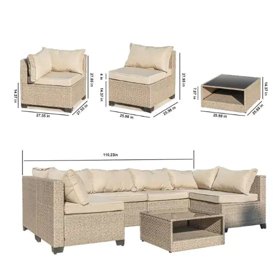 7-Piece Outdoor Patio Sofa Furniture Set – All-Weather Rattan Sectional with Cushions & Table