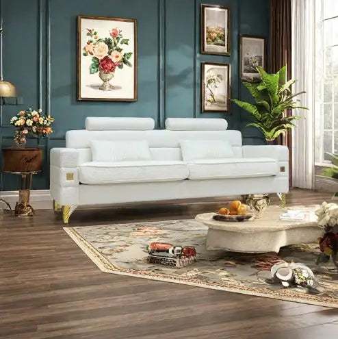 FX-P15-WBsofa Elegant White Imitation Wool Circle Fabric Sofa With Adjustable Headrests - Contemporary 3-Seat Couch With Gold Legs, Perfect For Living Room And Office DecorTEMU Suitable