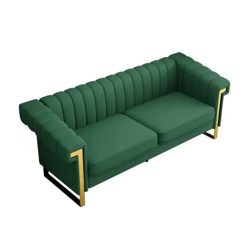 FX-P81PU-GR SOFA Modern Green PU Sofa With Gold Accents - Sleek Channel-Tufted Upholstery, 3-Seat Couch For Living Room And Office DecorTEMU Suitabl